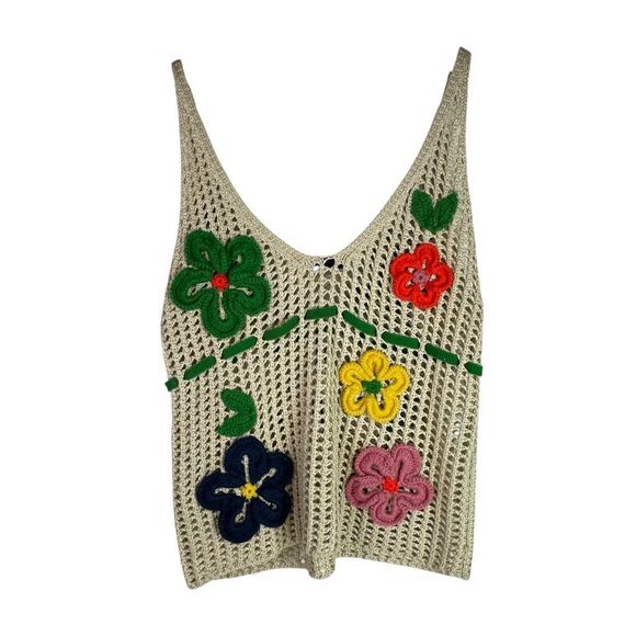 Zara Multicolor Floral Crochet Tank Top size Medium Cream - Picture 3 of 11